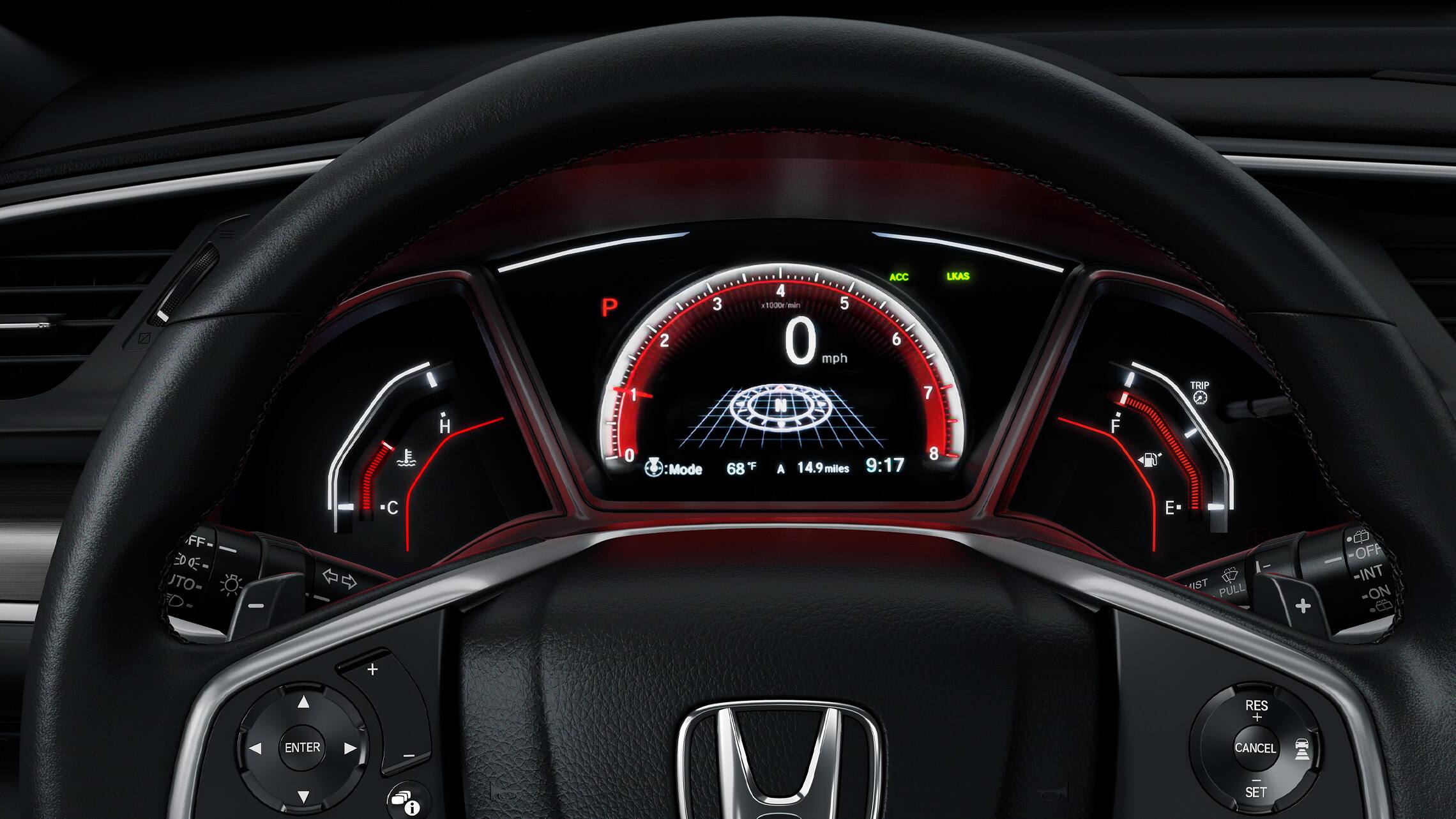 Interior view of steering wheel and dash in the 2021 Honda Civic Sport Touring Hatchback with Black Leather.